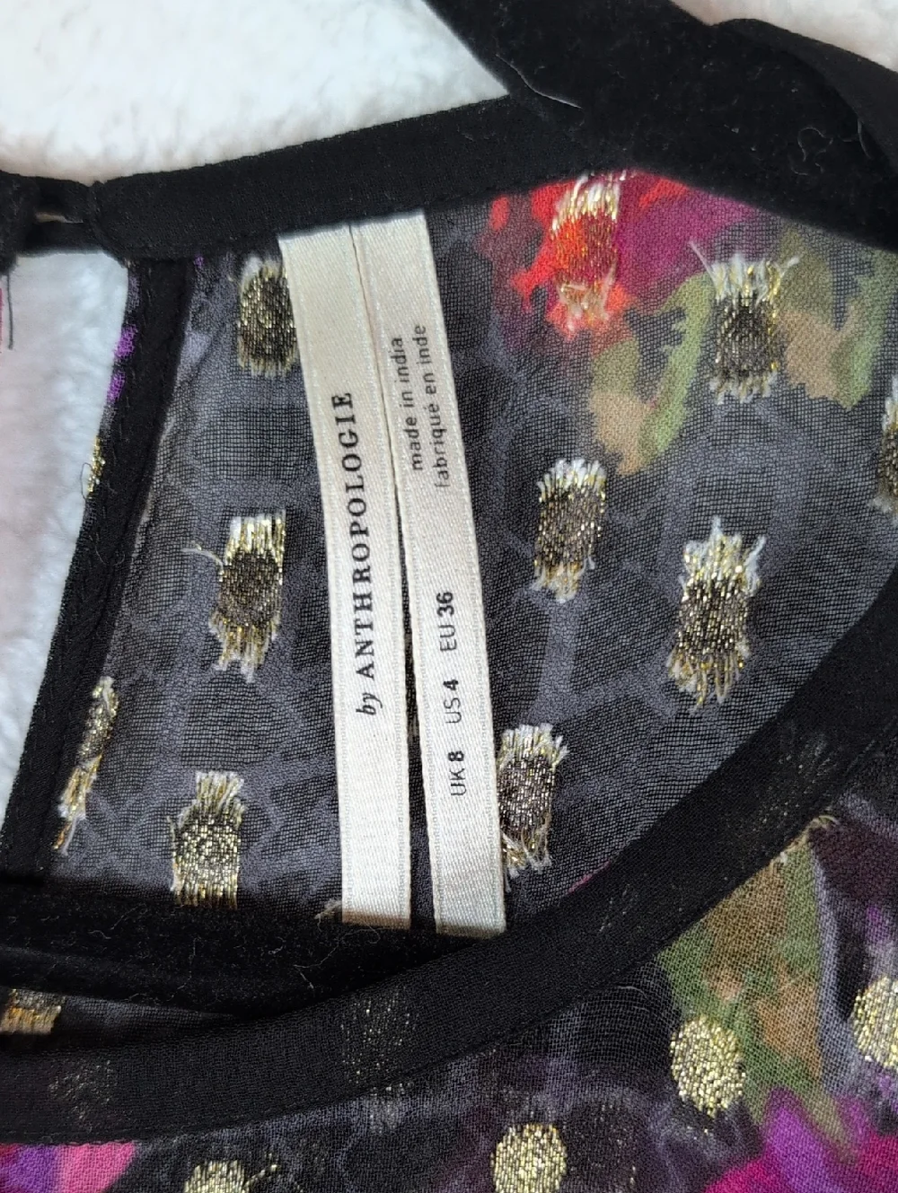 54-Anthropologie Black Sheer Floral Blouse with Gold Dots - Picture 3 of 7